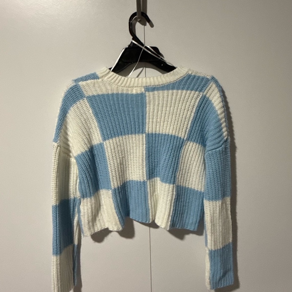 moon & madison Sky Blue and White Checkered Sweater